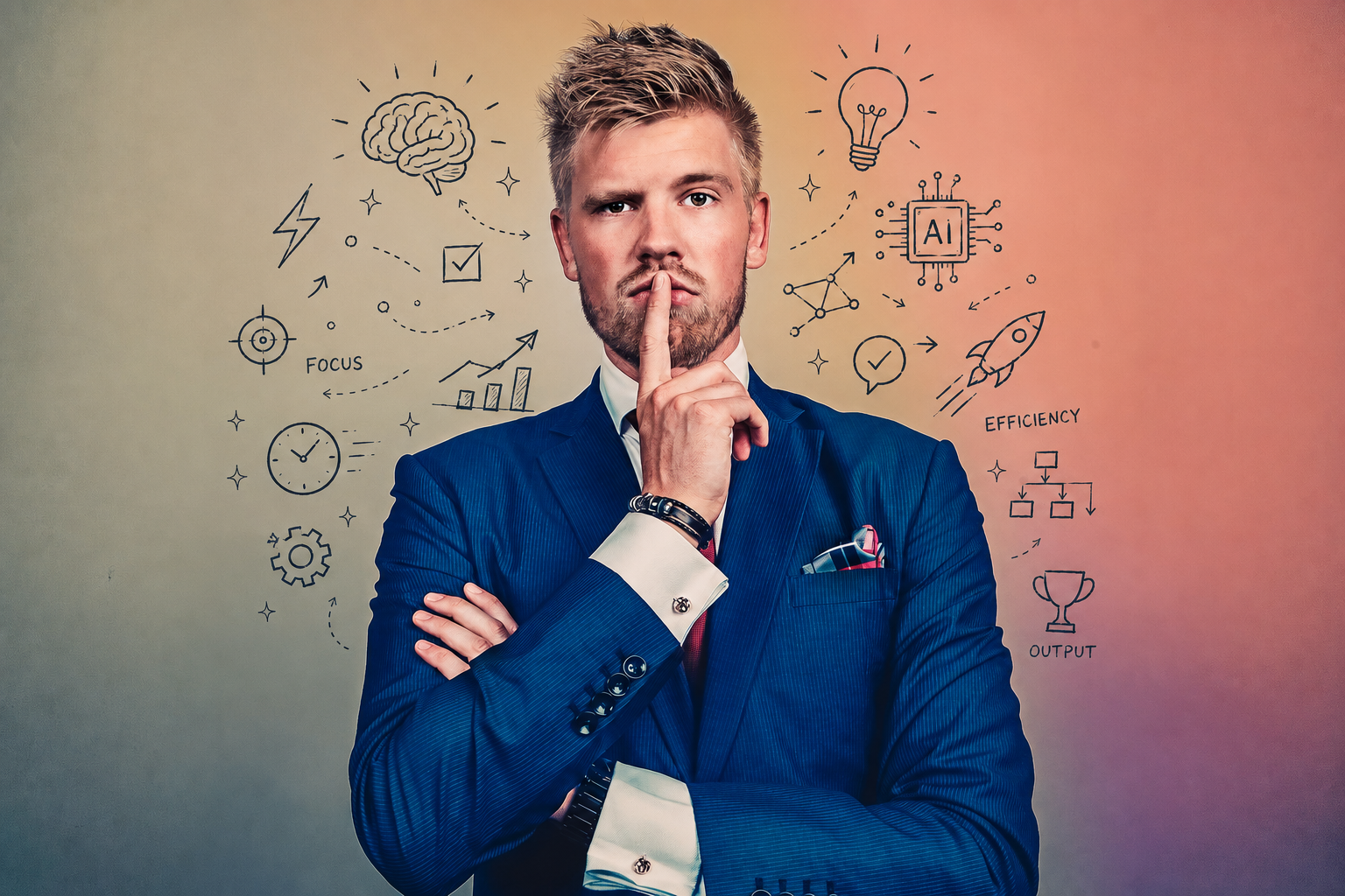 Bart Grootveld met een vinger voor zijn mond, omringd door tekeningen over AI en productiviteit