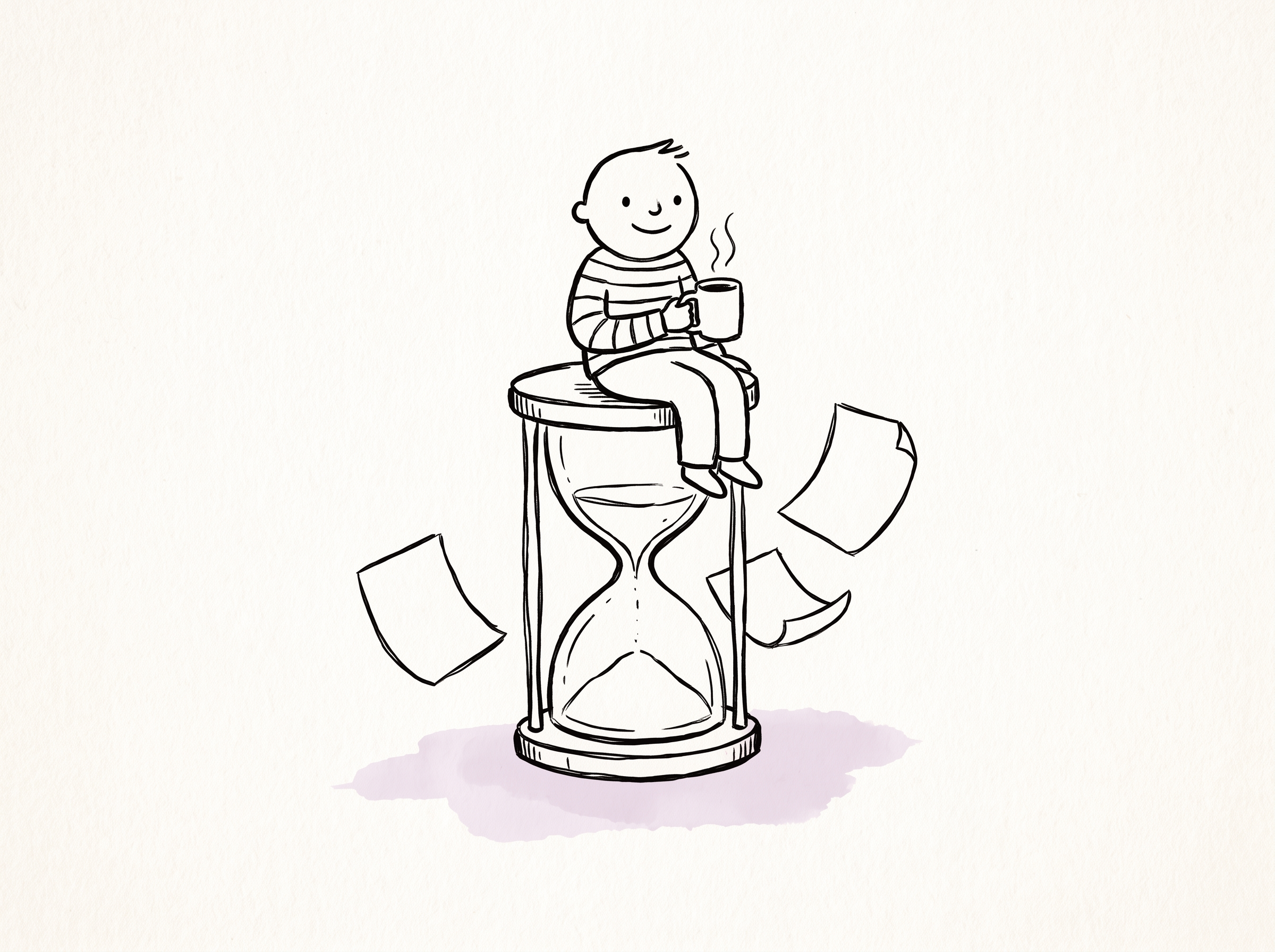 Een getekend mens neemt met een kop koffie plaats op een grote zandloper