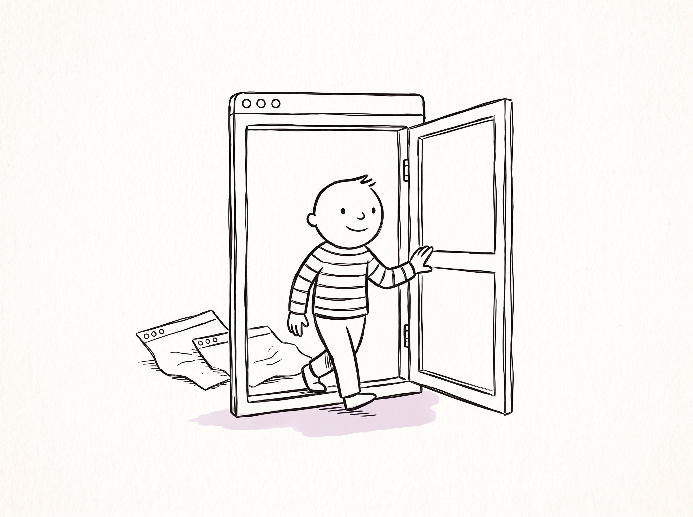 Een getekend mens stapt door een browservenster dat als een deur openstaat, met kleinere vensters achter zich